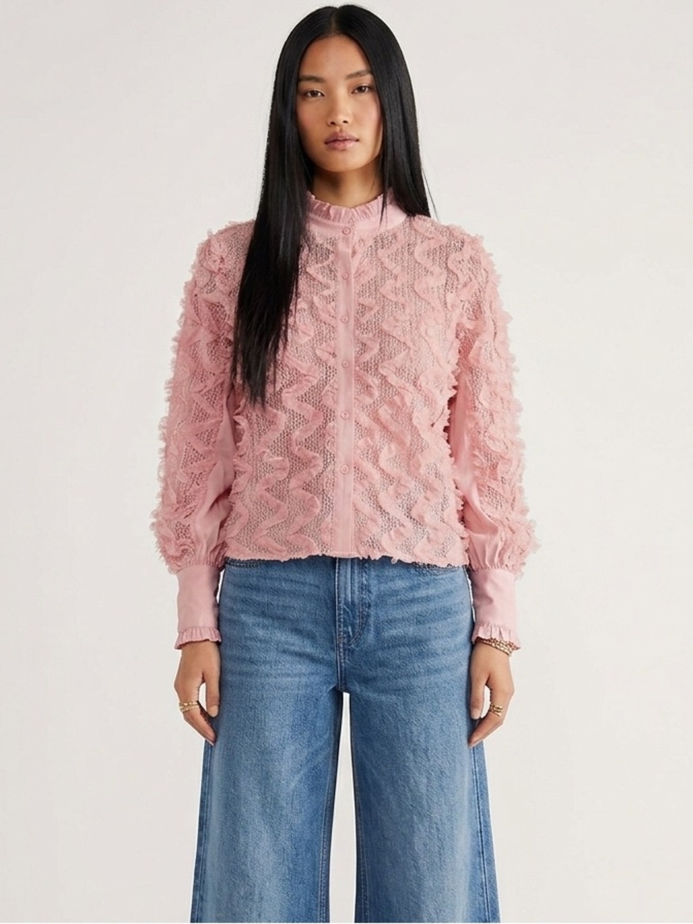 Pink Textured Ruffle Button-Front Blouse